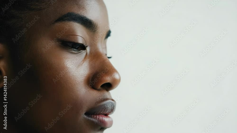 Close-up studio portrait of a thoughtful, attractive, young African woman with radiant skin, looking sideways, on a plain white background.