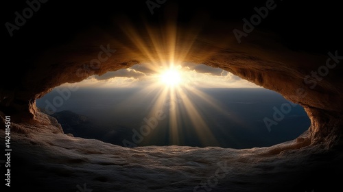 Sunlight streams through a cave opening, revealing a dramatic sky.