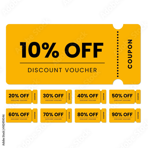 Discount Voucher Set—Collection of Editable Percentage Off Coupons from 10%, 20%, 30%, 40%, 50%,  60%, 70%, 80% & 90% OFF for Retail Promotions and E-Commerce Marketing 