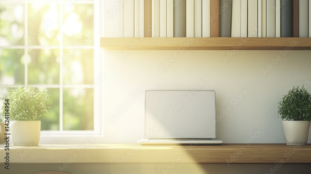 Fototapeta premium Bright workspace with laptop, books, and greenery