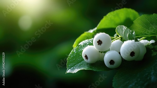 Snowberries cluster on a leaf, glistening with moisture under a bright, natural light.