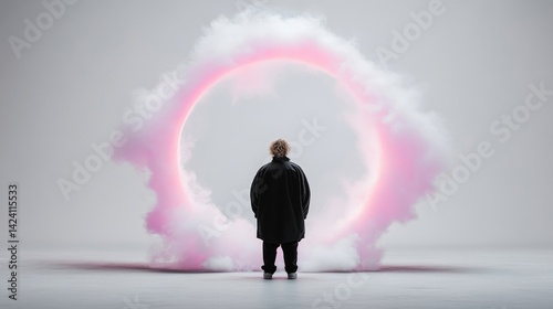 A lone figure contemplates a glowing pink circular portal within a soft, ethereal cloud.