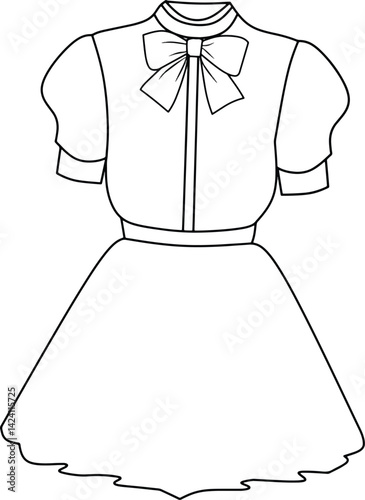 Black and white line drawing depicting a classic dress design with a puff-sleeve blouse and a bow tie, perfect for fashion sketches or tailoring references.
