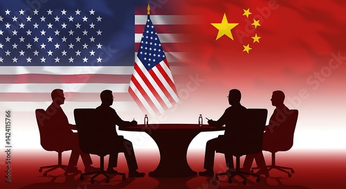 United states and china meeting with flags and silhouettes at a table discussing issues and trade
