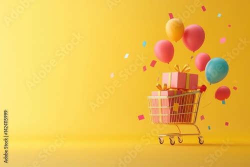 Cheerful checkout celebration colorful shopping cart with gifts festive atmosphere vibrant environment joyful viewpoint fun concept