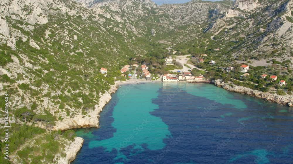 Aerial view above the Calnque de Sormiou in the Parc National de Calanques in France