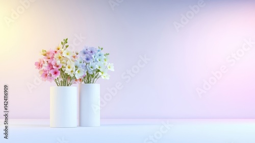 Pastel colored flowers in white vases against a soft gradient background.