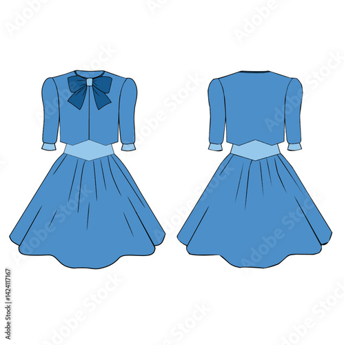 Elegant illustration of a knee-length blue dress showcasing both front and back perspectives, emphasizing style and fashion design.
