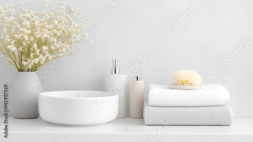 Minimalist bathroom arrangement with white towels, a bowl, soap dispenser, lotion, flowers in a vase, and a sponge on a shelf.