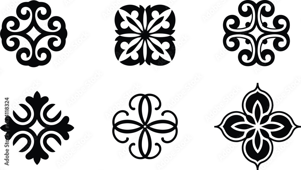 Fototapeta premium Floral Symmetric Vector Pattern Set 