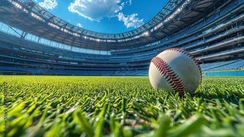Baseball stadium, vibrant green field, sunny day