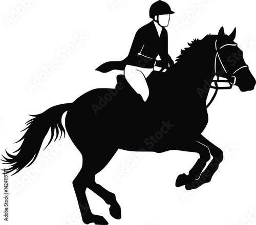 Silhouette of an equestrian rider wearing a helmet while riding a galloping horse in dynamic motion