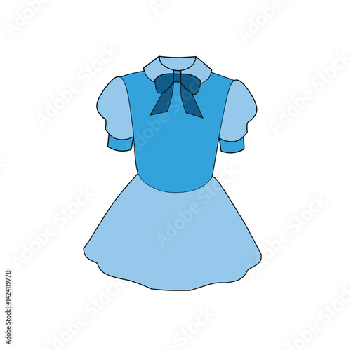 Stylized representation of an elegant blue dress featuring puff sleeves and a bow tie. Perfect for fashion illustrations or creative design projects.