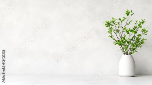 A minimalist still life featuring a simple white vase with fresh green foliage against a light gray textured wall.