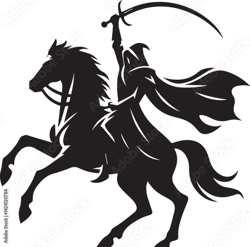 Silhouette of Medieval Warrior on Horse with Sword – Vector Art