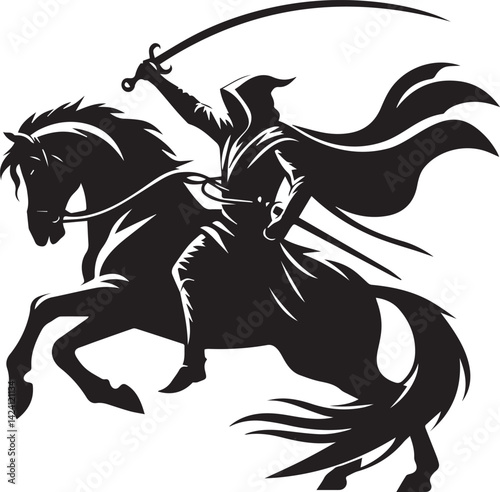 Silhouette of Medieval Warrior on Horse with Sword – Vector Art