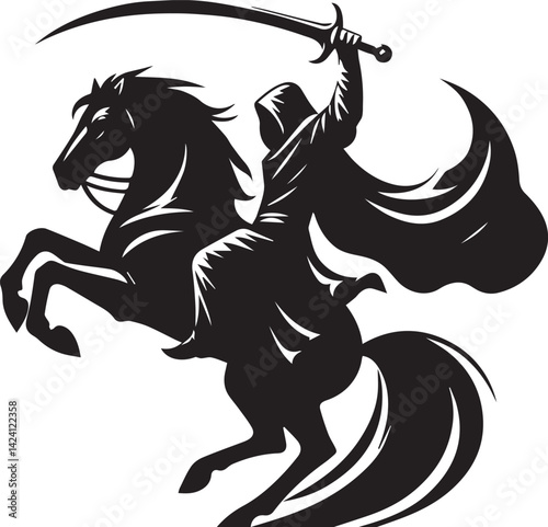 Silhouette of Medieval Warrior on Horse with Sword – Vector Art