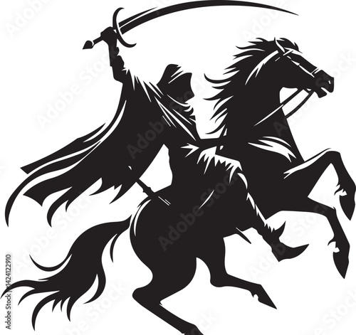 Silhouette of Medieval Warrior on Horse with Sword – Vector Art