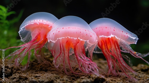 Three pink jellyfish cluster together, their translucent bells and vibrant tentacles creating a captivating underwater scene.