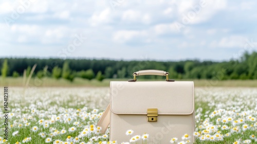 A light beige briefcase sits amidst a field of white daisies, a tranquil outdoor scene.