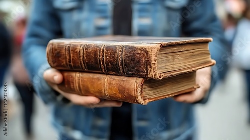 Antique books, worn leather, aged pages