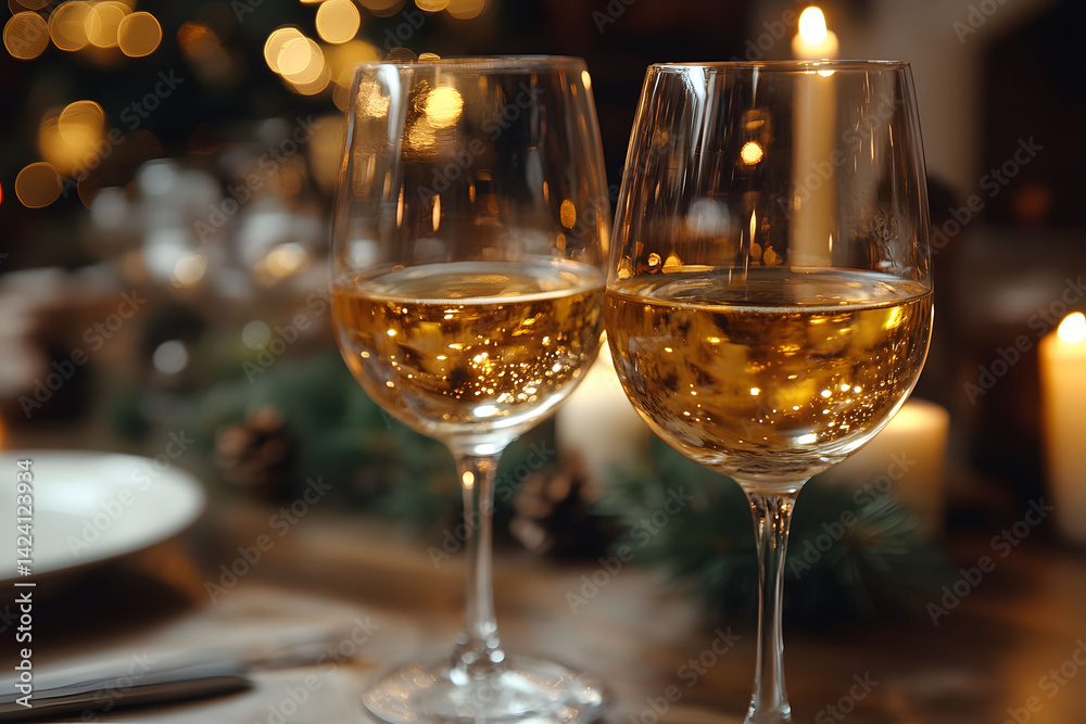 Elegant Holiday Dinner Setting with Sparkling Wine and Festive Decorations Elegant Holiday Dinner Setting with Sparkling Wine and Festive Decorations