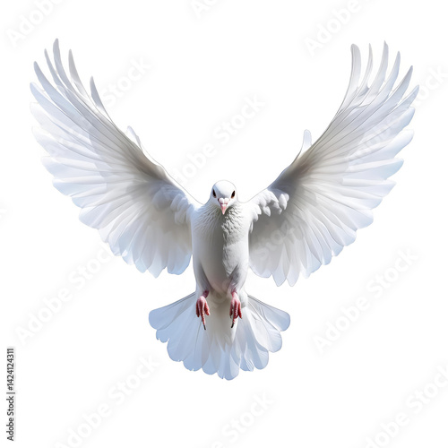 Photo of a White Dove Flying with Wings Spread Against Transparent Background