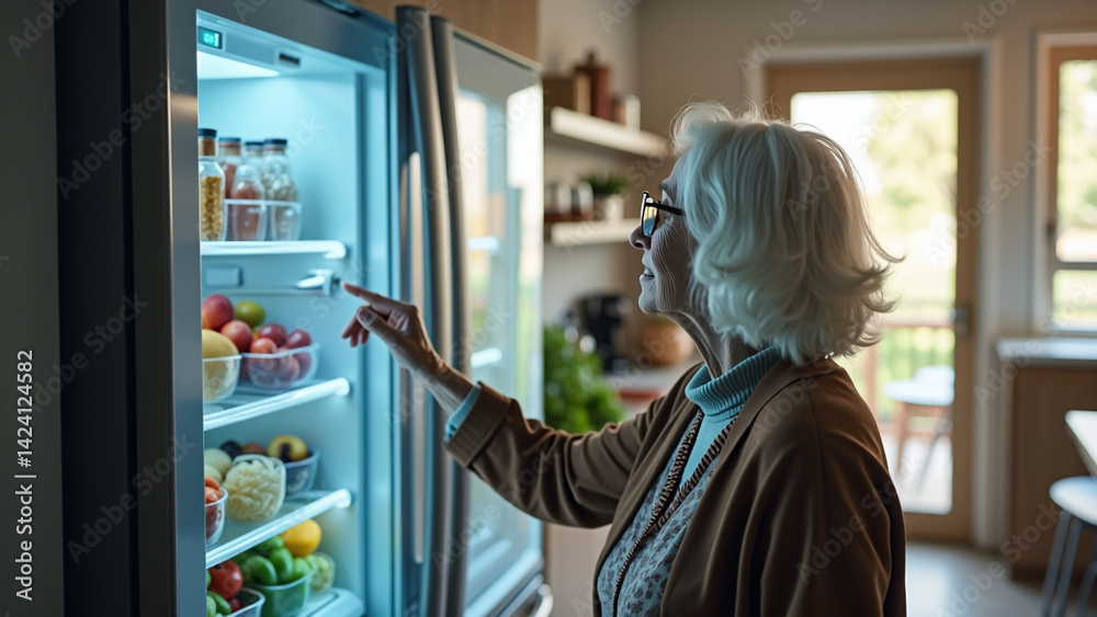Senior woman looking inside open refrigerator while pointing at food items, bright kitchen with natural light and wooden furniture in the background, healthy lifestyle concept. Senior woman looking inside open refrigerator while pointing at food items, bright kitchen with natural light and wooden furniture in the background, healthy lifestyle concept.