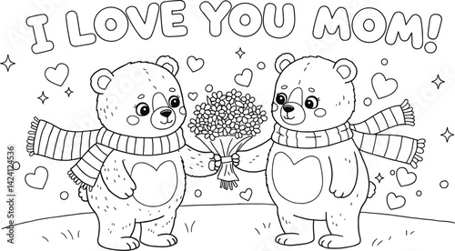 i love you mom coloring page. cartoon bears and hearts