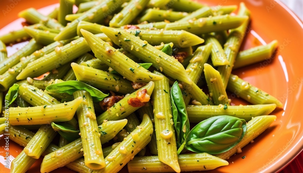Delicious Penne Pasta With Pesto Sauce And Fresh Basil Leaves On Orange Plate Delicious Penne Pasta With Pesto Sauce And Fresh Basil Leaves On Orange Plate