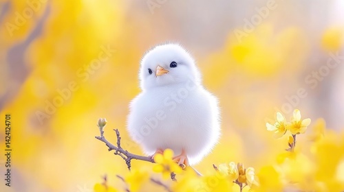A fluffy white bird perched on a branch amongst bright yellow flowers.