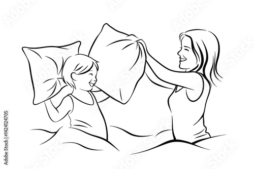 Smiling mother and daughter enjoying a pillow fight in bed outline vector
