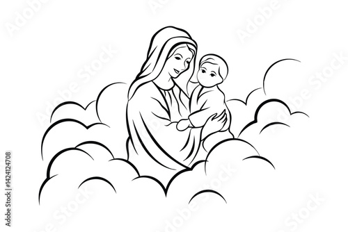 Line art depiction of the virgin mary holding baby jesus in the clouds