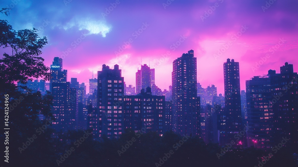 Fototapeta premium Cityscape under vibrant, colorful sky