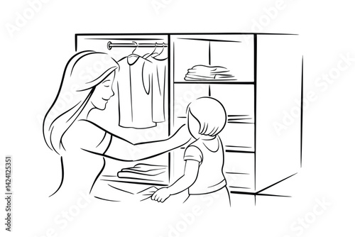 Mother and child choosing clothes from wardrobe line art illustration vector image