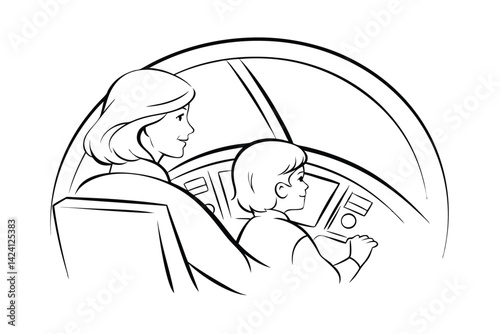 Mother and son in airplane cockpit black and white outline illustration