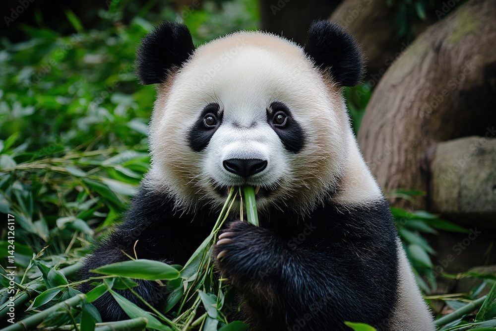 Obraz premium A playful panda sitting on the ground, nibbling on bamboo with a calm expression.