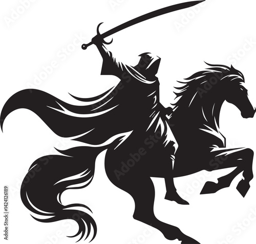 Silhouette of Medieval Warrior on Horse with Sword – Vector Art