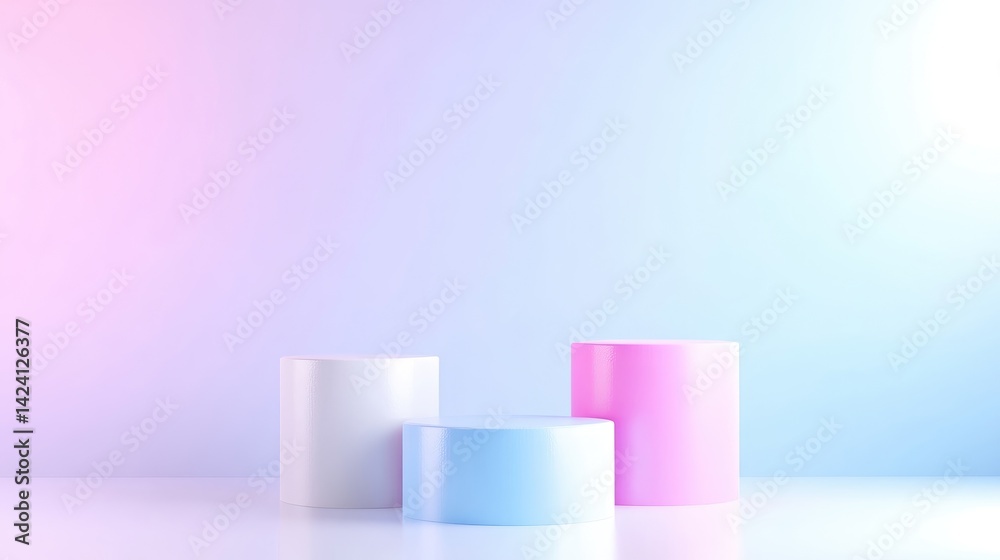 Three pastel-colored cylinder podiums on a soft, gradient background Three pastel-colored cylinder podiums on a soft, gradient background