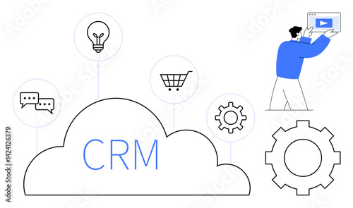 Cloud labeled CRM connects icons for communication, innovation, e-commerce, and settings. Man holding tablet highlights usage themes. Ideal for business, technology, automation, innovation