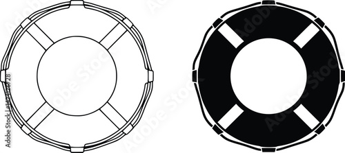 Black and white silhouette and detailed line drawing of a life preserver with rope sections depicting maritime safety and rescue