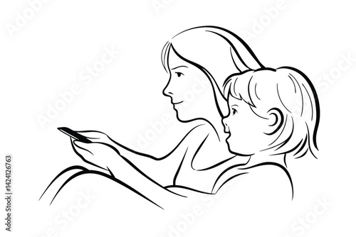 Elegant line art depicting mother and child looking at a phone screen together
