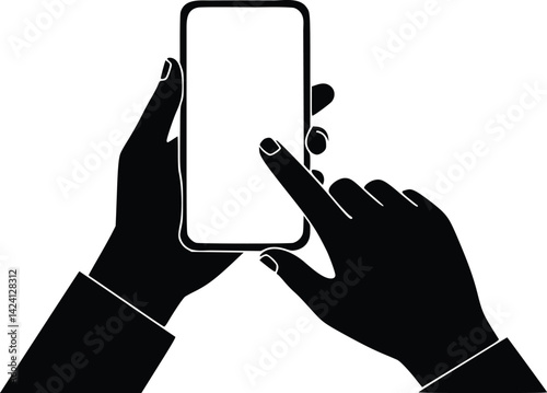 Silhouette vector illustration of two hands holding a smartphone, depicting a common modern digital interaction