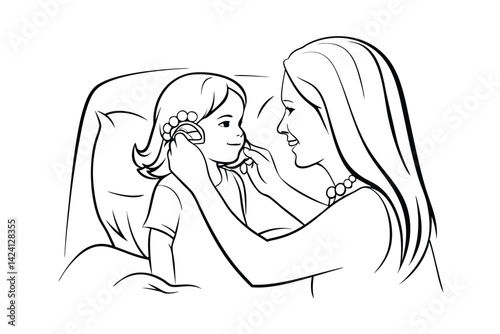 Mother adjusting daughters hair clip loving family moment black and white line art