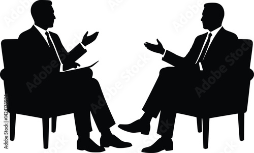 Silhouette vector illustration of two business professionals seated and engaging in a formal conversation, emphasizing communication