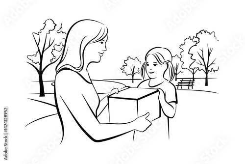 Mother giving package to daughter outline in a park setting illustration