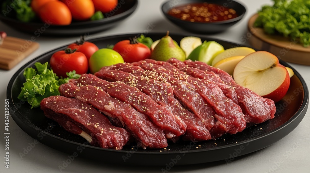 Sliced marinated beef on a black platter with fresh greens and fruits Sliced marinated beef on a black platter with fresh greens and fruits