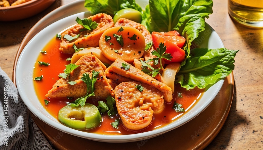 Delicious Vegan Fish Stew With Fresh Vegetables And Herbs On White Plate Delicious Vegan Fish Stew With Fresh Vegetables And Herbs On White Plate