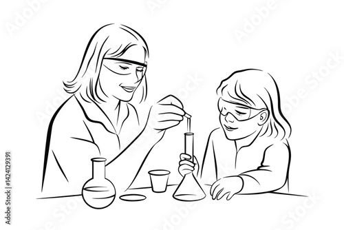 Woman and child conducting science experiment line art vector illustration