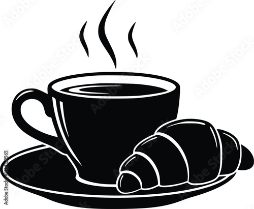 Silhouette of a steaming coffee cup on a saucer with a croissant, representing a classic breakfast scene